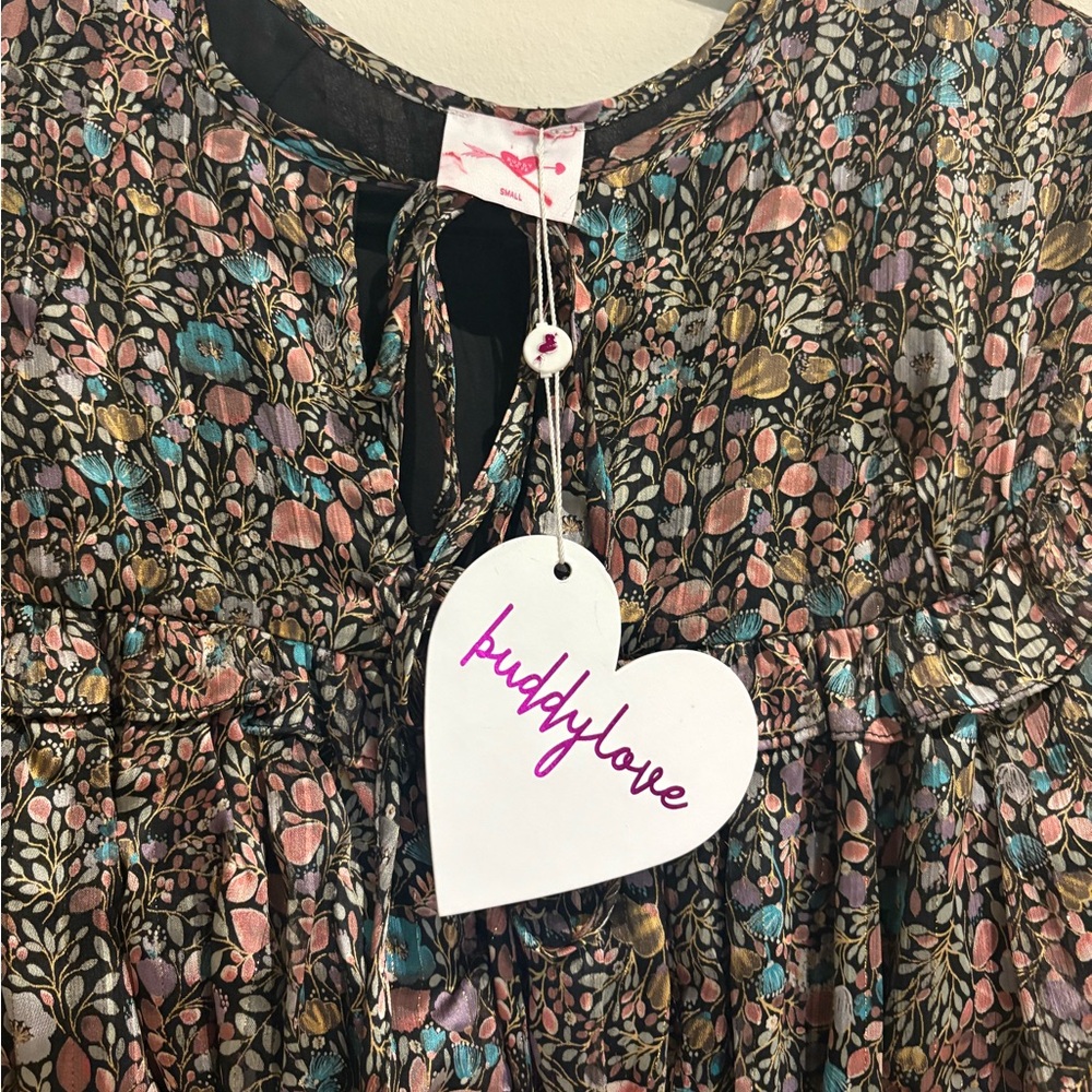 BuddyLove Lily Black Floral Satin Ruffle Mini Dress - NWT Small - Picture 4 of 7